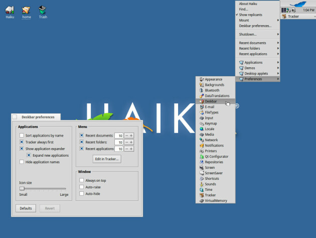 'Deskbar' er Haikus variant av oppgavelinjen i Windows, og er som standard plassert øverst til høyre. 📸: Haiku