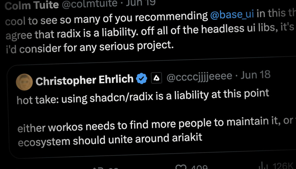 Mange utviklere mener det er en risiko å bruke Radix-baserte UI-biblioteker som for eksempel Shadcn/UI, siden Radix ikke blir vedlikeholdt like mye som før. Skjermbilde fra X, med Christopher Ehrlich som advarer mot å bruke shadcn/radix.