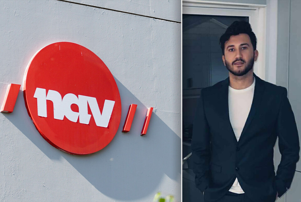 Shivan Salihi har i ett år lett etter en jobb innen cybersikkerhet. Resultatet er 500 nedslående avslag. Bildet er av en hvit vegg med rød Nav-logo, og en mann i hvit trøye og svart blazer.