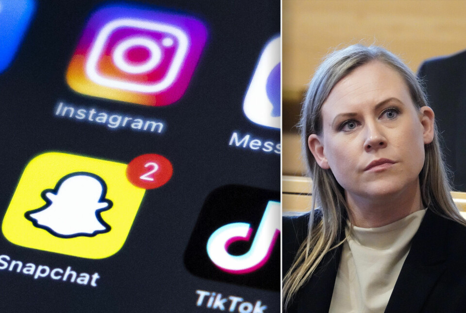 Barne- og familieminister Lene Vågslid ønsker å heve aldersgrensen for bruk av sosiale medier til 15 år. Hun ønsker også å innføre en sikker og automatisert alderskontroll. Bildet er en montasje. Til venstre er en skjerm med logoen til ulike sosiale medier, blant annet Instagram, Snapchat Messenger og Tiktok. Til høyre er en kvinne i et profesjonelt antrekk, avbilda i Stortingssalen. Det er barne- og familieminister Lene Vågslid.