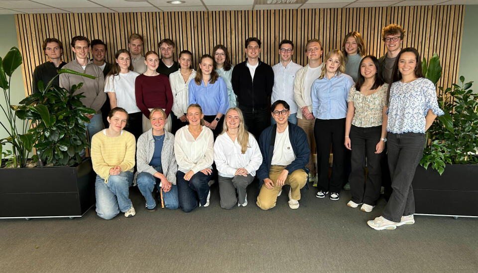 Bakerst fra venstre: Aksel Skullerud Fosaas, Eirik Borgen Egge, Axel Martinius Lundeby, Ragni Bjørlykke, Martin Renslo Høva, Solveig Nygård Haugland, Herman Neple, Emilie Holmgren Pedersen, Kaja Wollebæk Skråmo, Martine Garvik Fremstad, Henrik Engdal, Sondre Sundby Rosslund, Vebjørn Nyvoll, Anna Cornelia Slettemoen, Jenny Tunstad Lindgaard, Gia Hy Nguyen, Eivind Nesje, Pernille Kvaal Gundersen, Foran fra venstre: Mali Erdal El'Mourabit, Nora Heiberg, Dina Marie Salvesen, Sofie Sveindal, Gisle Garen. Sanna Hartmann Sellæg var ikke tilstede da bildet ble tatt. Bildet er av mange unge mennesker inne i et kontorbygg. De er flankert av to grønne planter, og står foran en vegg med vertikale trespiler.