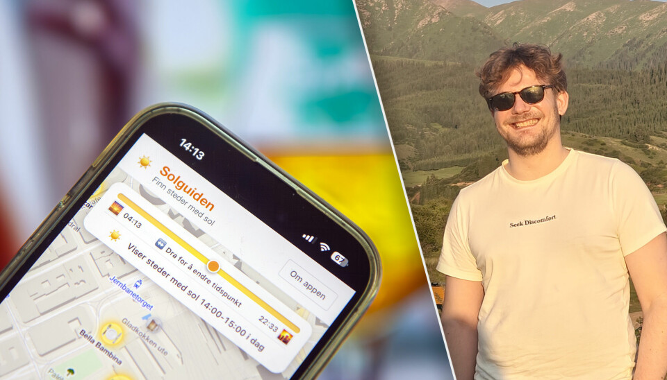 Toni Vucics app 'Solguiden' viser deg hvilke uteserveringer i Oslo som har sol lengst utpå kvelden, og hva ølen koster. Skjermbilde av Solguiden-appen, og bilde av Toni Vucic.