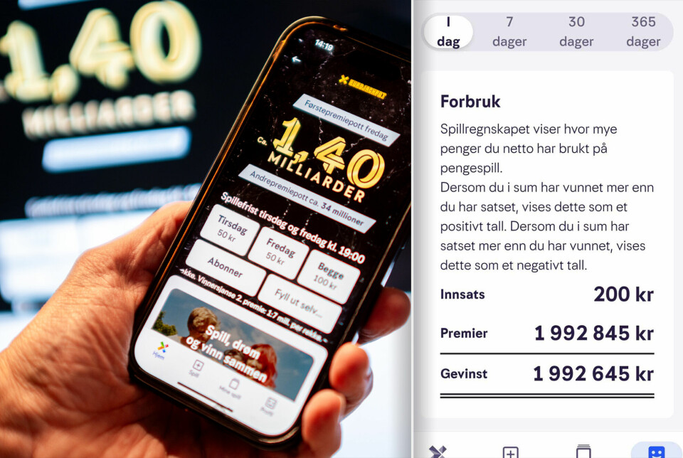 Flere spillere hos Norsk Tipping fikk ved en feil oppgitt en langt høyere premie etter Eurojackpot-trekninga for et par uker siden. Spilleren til høyre i bildet vant i realiteten rundt 200 kroner. Bildet er todelt. Til venstre er en hånd som holder en mobil, med skjermbilde av at innholdet i Norsk Tipping-appen, med reklame for Eurojackpot. Til høyre er en oversikt over forbruk og premier hos Norsk Tipping, før de fikk retta opp utregningsfeilen som førte til at brukere ble varsla om millionpremier, når de i realiteten bare hadde vunnet noen hundrelapper.