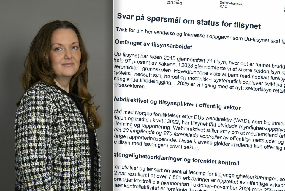 Tilsynsdirektør Malin Rygg i UU-tilsynet sier at feilene går igjen, at de er enkle og løse, men at de har store negative, konsekvenser for brukerne som er avhengig av tilrettelegginga. Bildet er en montasje. Til venstre står en kvinne i hvit, grå og svartmønstra jakke i rutete mønster foran en mørkegrå vegg. Til høyre er en skjermdump av et brev.