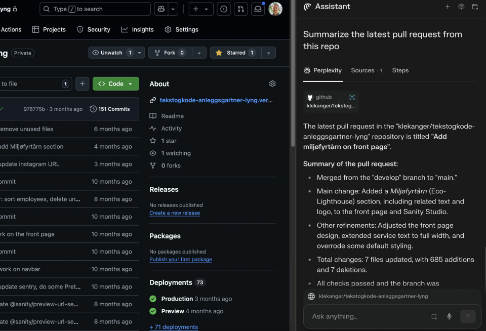 Assistenten kan hjelpe deg med å få oversikt, forklare hva koden i et repo gjør – eller oppsummere en pull request.