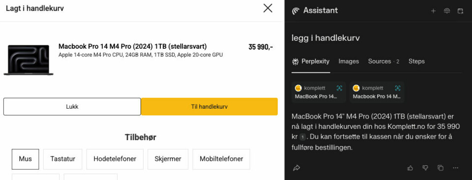 Jeg har ikke klikket på en eneste knapp i nettbutikken: Comet-assistenten fant frem noen relevante produkter basert på spesifikasjoner, og la den deretter i handlekurven da jeg ba den om det.