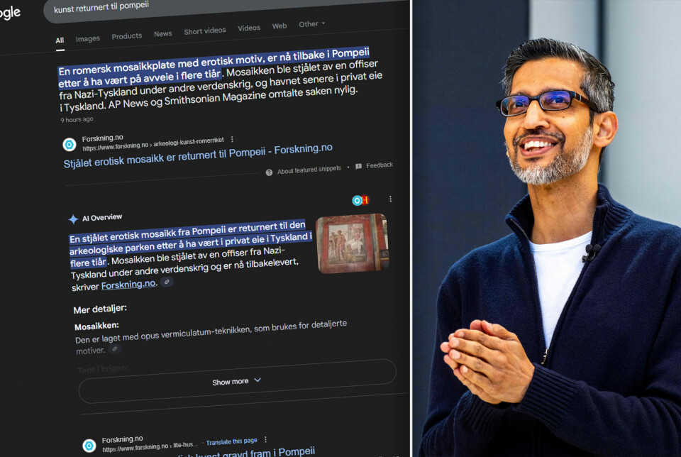 Google-sjef Sundar Pichai har tidligere argumentert om at verktøy som AI Overview skal gi bedre søkeopplevelser. Nå viser det seg at AI-verktøy som dette kan gi nettsider som forskning.no langt mindre trafikk, ved at saken presenteres uten at brukere trenger å trykke seg inn på selve siden. Det bekymrer forskning.no-redaktøren. Bildet er en montasje. Til venstre er en skjermpdump av et søk på 'kunst returnert til pompeii', som gir både en kort gjengivelse av saken til forskning.no om saken, både som utdrag og gjengitt med AI Overview. Til høyre er Google-sjef Sundar Pichai.